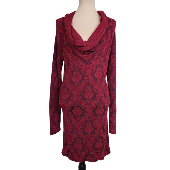Free People Vintage Dark Red Large Damask Brocade Cowl Neck Sweater Dress - Picture 2 of 5